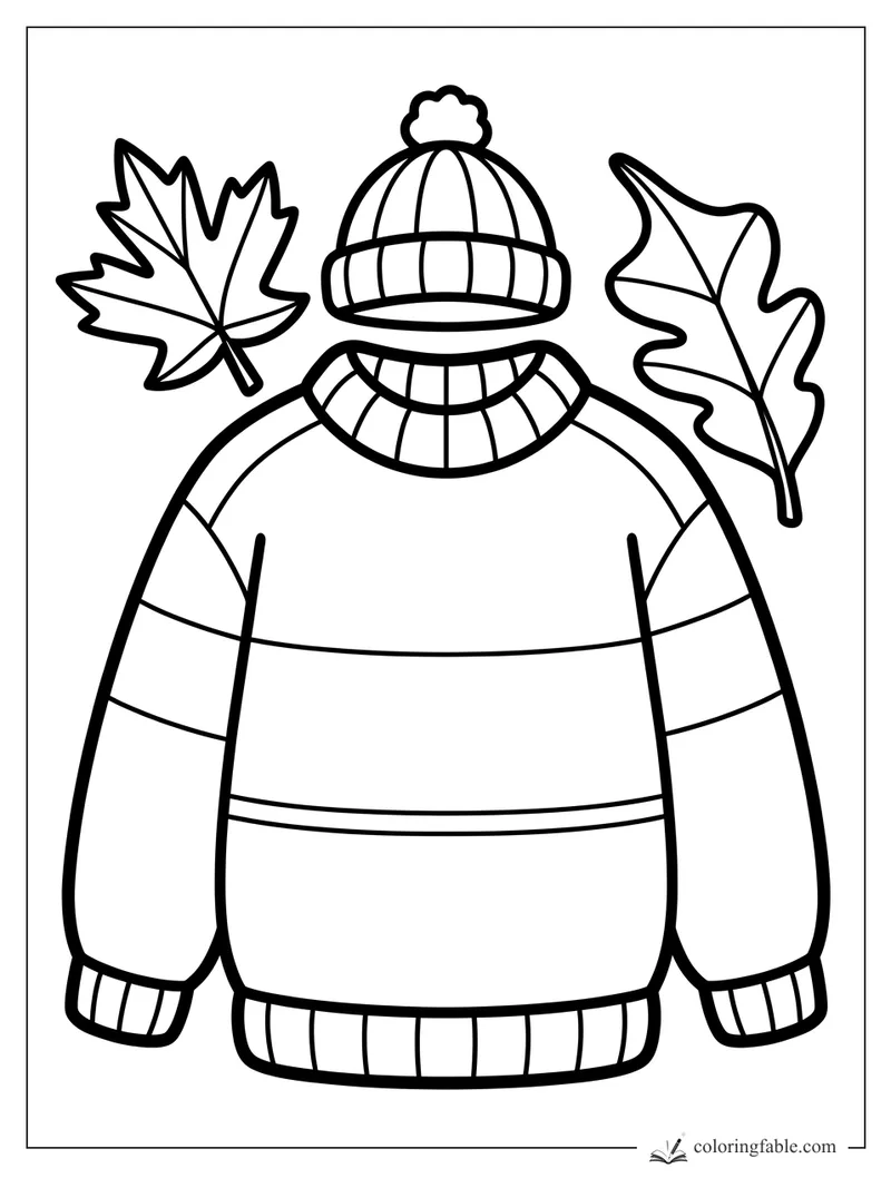 Bold fall sweater, striped beanie with pom-pom, ribbed cuffs, and two floating leaves coloring page