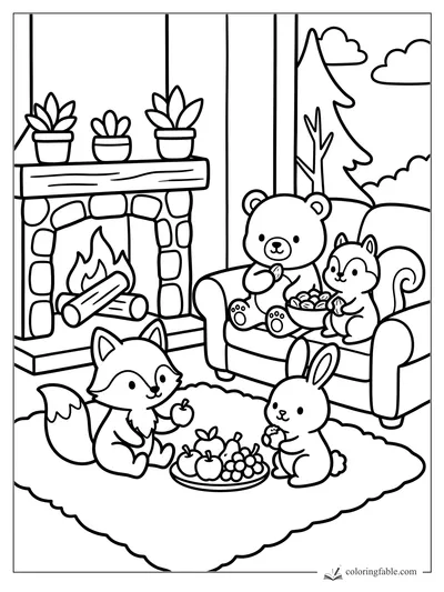 Bear, squirrel, fox, and bunny share fruit beside a stone fireplace and couch in a cozy cabin.