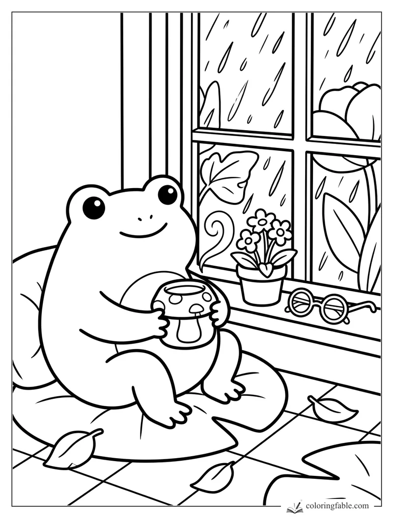 Smiling frog holding a mushroom mug beside a rainy window, potted flowers, leaves, and round glasses.
