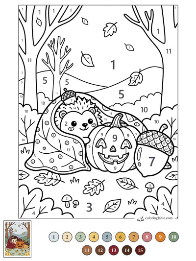 Cozy Jack-o’-Lantern with Hedgehog in the Autumn Woods — color by number