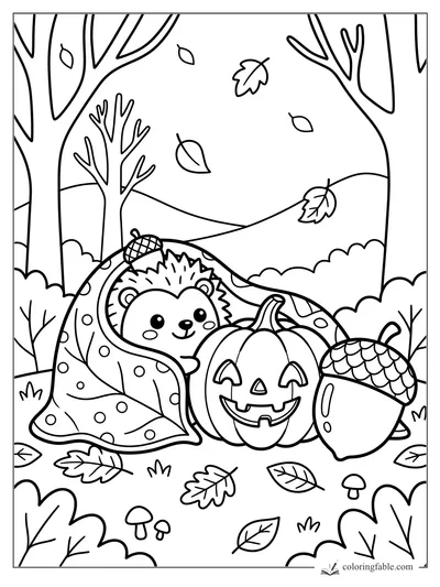 Kawaii jack-o’-lantern beside a blanket-wrapped hedgehog, giant acorn, falling leaves, and forest trees