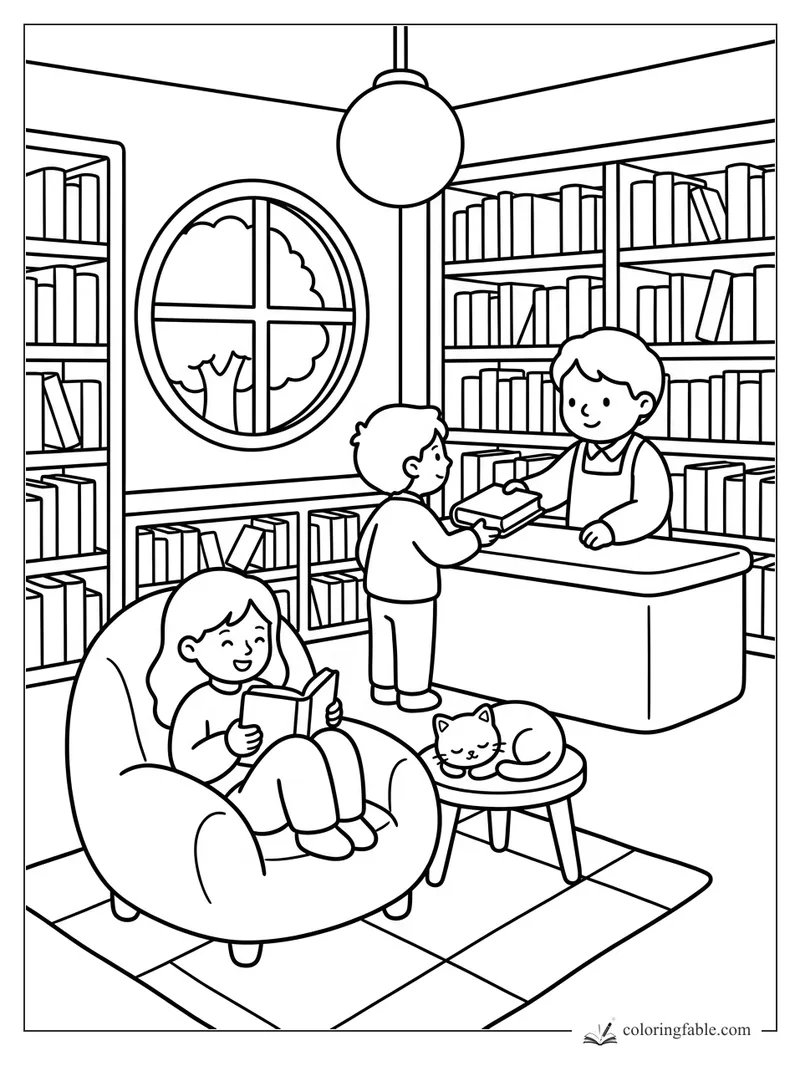 Children in a cozy library with a librarian, bookshelves, round window, reading chair, and sleeping cat.