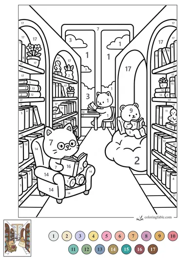 Cozy Library Nook with Reading Cats and Bear — color by number