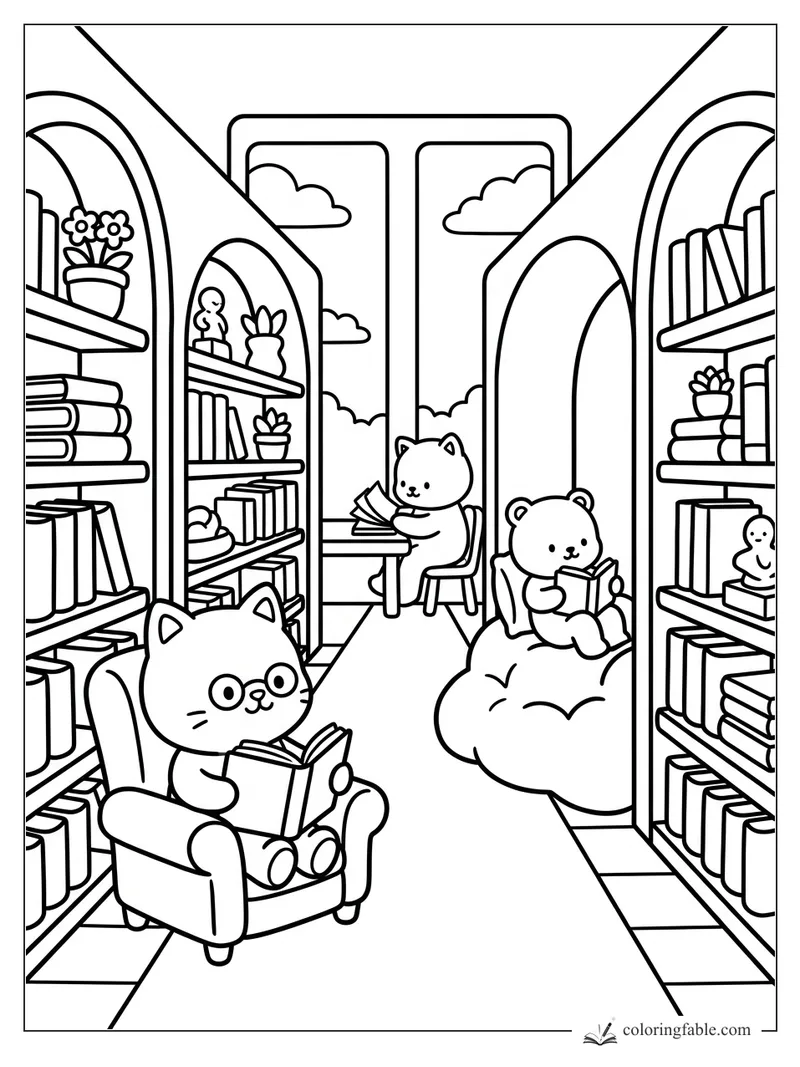 Cozy library coloring page with cats, a bear, bookshelves, plants, arched nooks, and tall cloudy windows.
