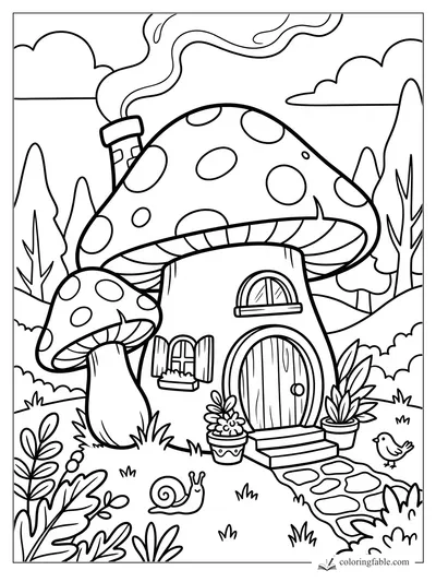 Cartoon mushroom cottage with spotted caps, round door, chimney smoke, snail, bird, and garden plants