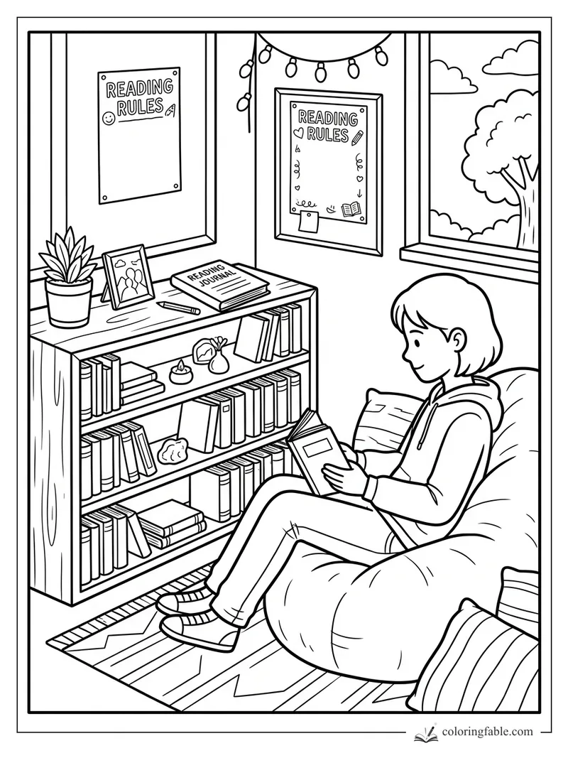Child reading on a beanbag beside a bookshelf, reading journal, posters, string lights, and window.