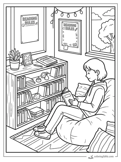 Child reading on a beanbag beside a bookshelf, reading journal, posters, string lights, and window.