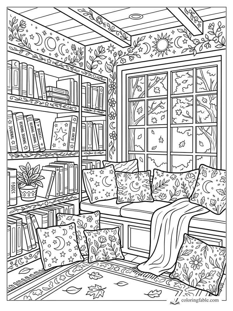 Intricate school library nook with bookshelves, leafy pillows, moon-and-star trim, and autumn window
