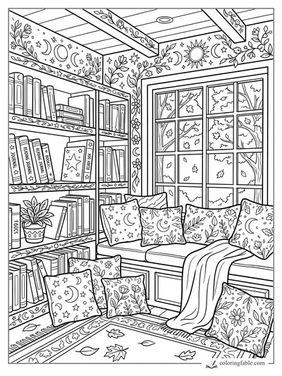 Intricate school library nook with bookshelves, leafy pillows, moon-and-star trim, and autumn window