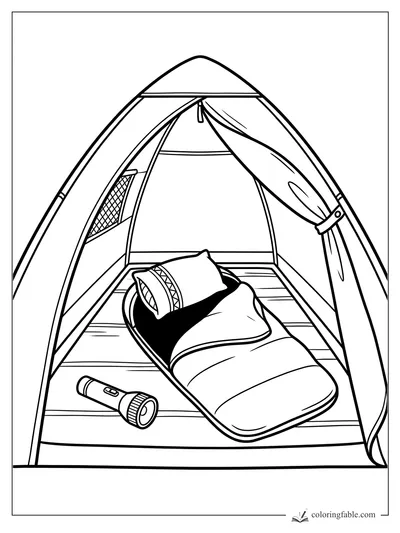 Minimalist camping tent interior with sleeping bag, pillows, flashlight, mesh pocket, and tied-back flap