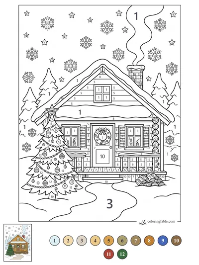 Cozy Winter Cabin with Decorated Tree — color by number