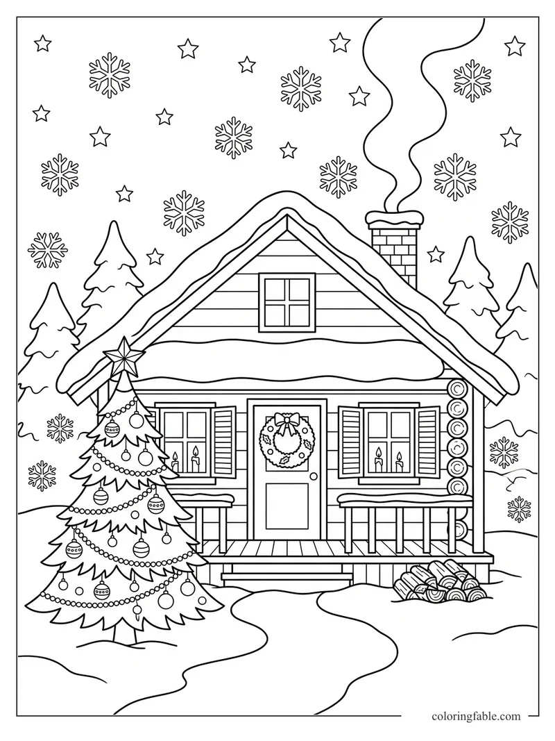 Winter cabin coloring page with snowy roof, Christmas tree, chimney smoke, stars, and snowflakes.