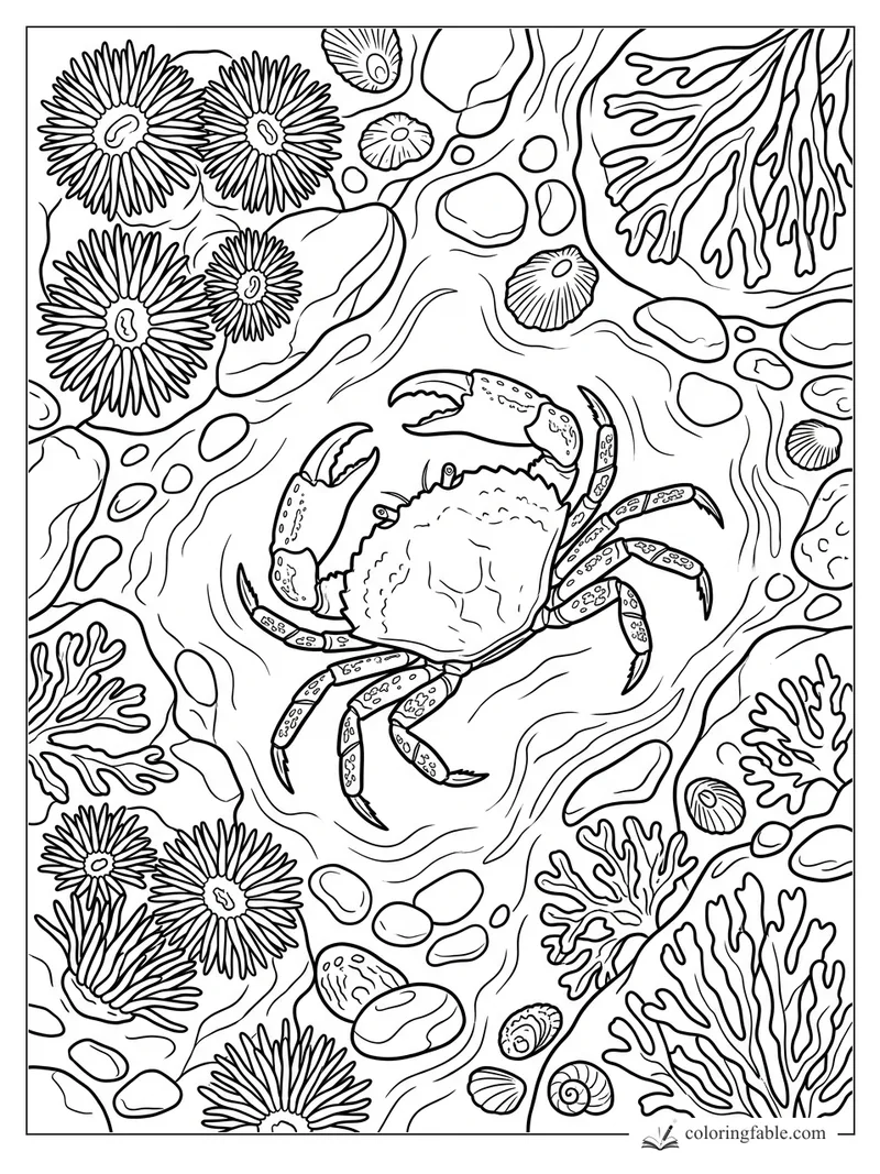 Crab in a tide pool with sea anemones, coral branches, shells, pebbles, and flowing water lines