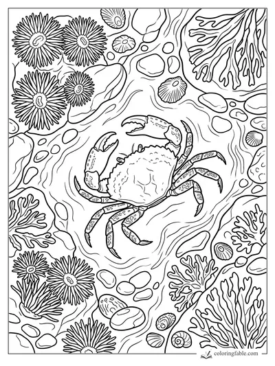 Crab in a tide pool with sea anemones, coral branches, shells, pebbles, and flowing water lines