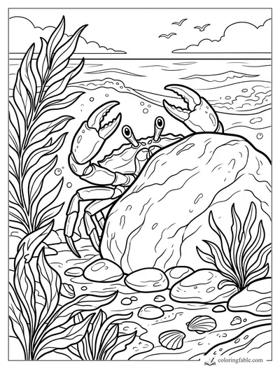 Crab with raised claws behind a large rock, seaweed, shells, bubbles, waves, clouds, and seabirds.