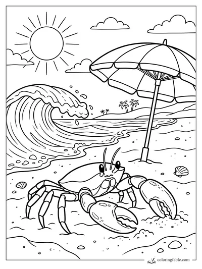 Cartoon crab under a striped beach umbrella with a curling wave, sun, shells, and palm trees