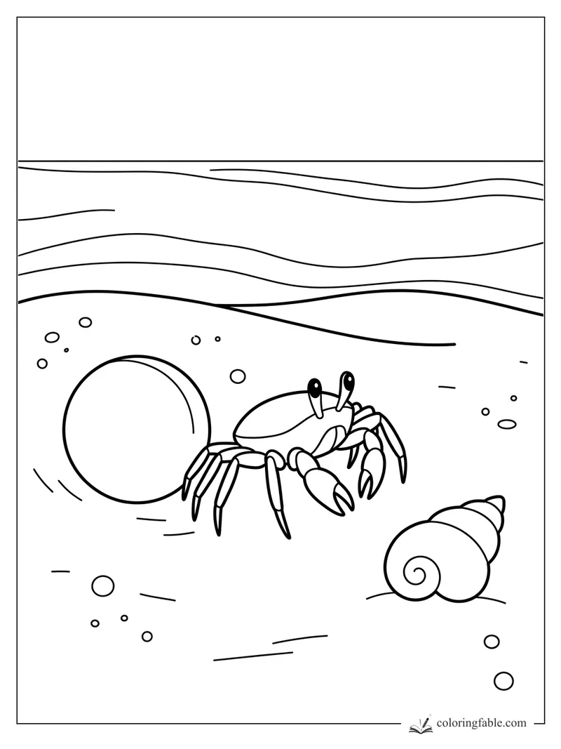 Easy crab coloring page with a crab pushing a round bubble ball, sea shell, bubbles, and wavy water lines.