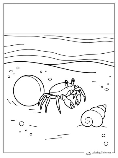 Easy crab coloring page with a crab pushing a round bubble ball, sea shell, bubbles, and wavy water lines.