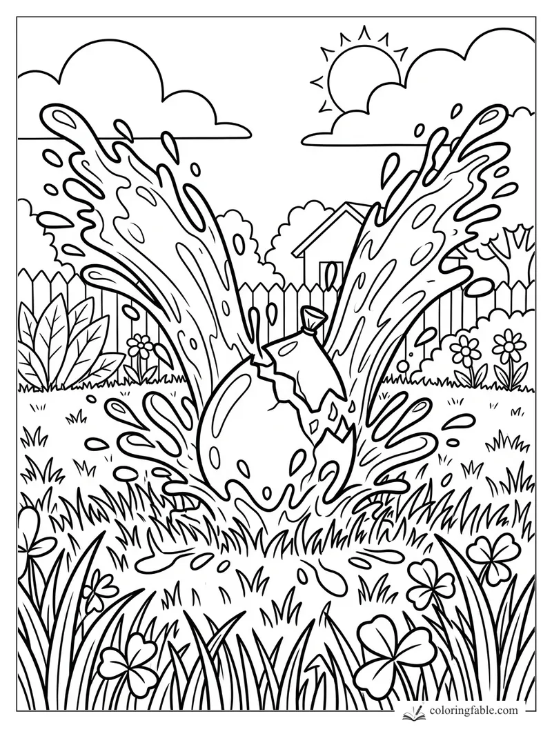 Broken jug bursting with water in a sunny backyard garden with fence, flowers, grass, and clouds