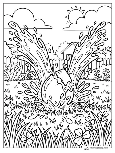 Broken jug bursting with water in a sunny backyard garden with fence, flowers, grass, and clouds
