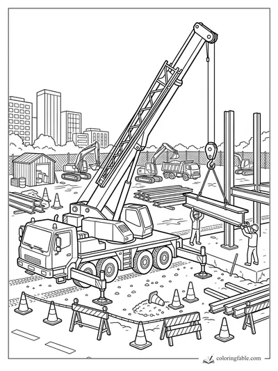 Crane truck lifting a steel beam at a fenced city construction site with workers and excavators