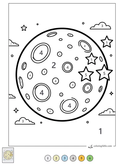 Crater Moon with Stars and Space Clouds — color by number