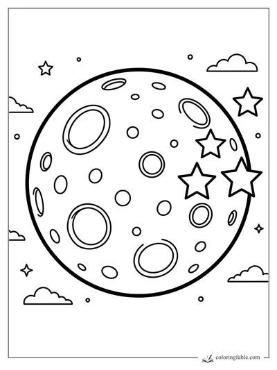 Easy coloring page of a cratered moon with stars, dots, and small space clouds