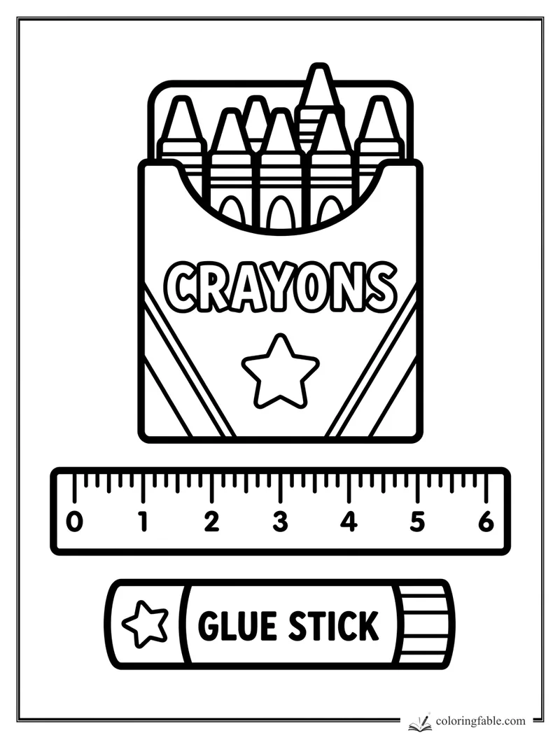 Bold coloring page of a crayon box, numbered ruler, and glue stick with stars.