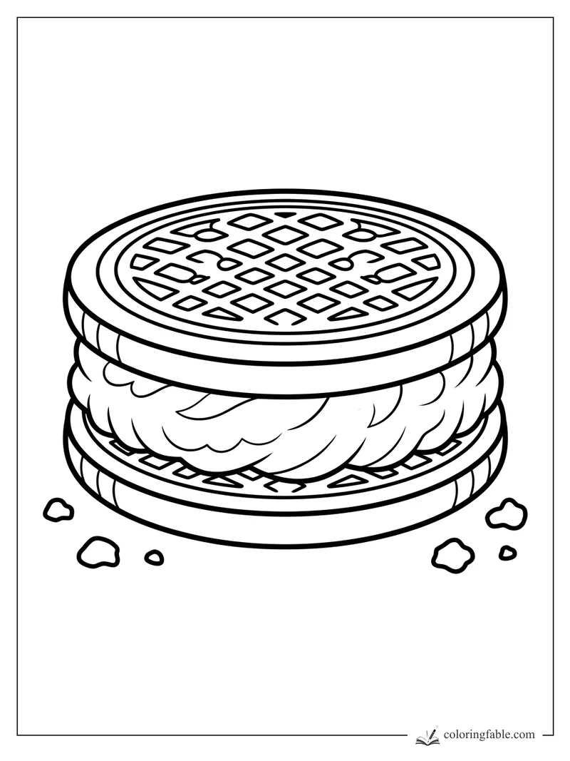 Cream-filled waffle cookie sandwich with patterned top, fluffy filling, and small crumbs around it