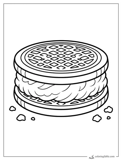 Cream-filled waffle cookie sandwich with patterned top, fluffy filling, and small crumbs around it