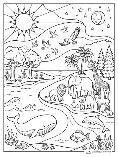 Bible creation coloring page with sun, moon, birds, land animals, whale, dolphin, fish, trees, and river.