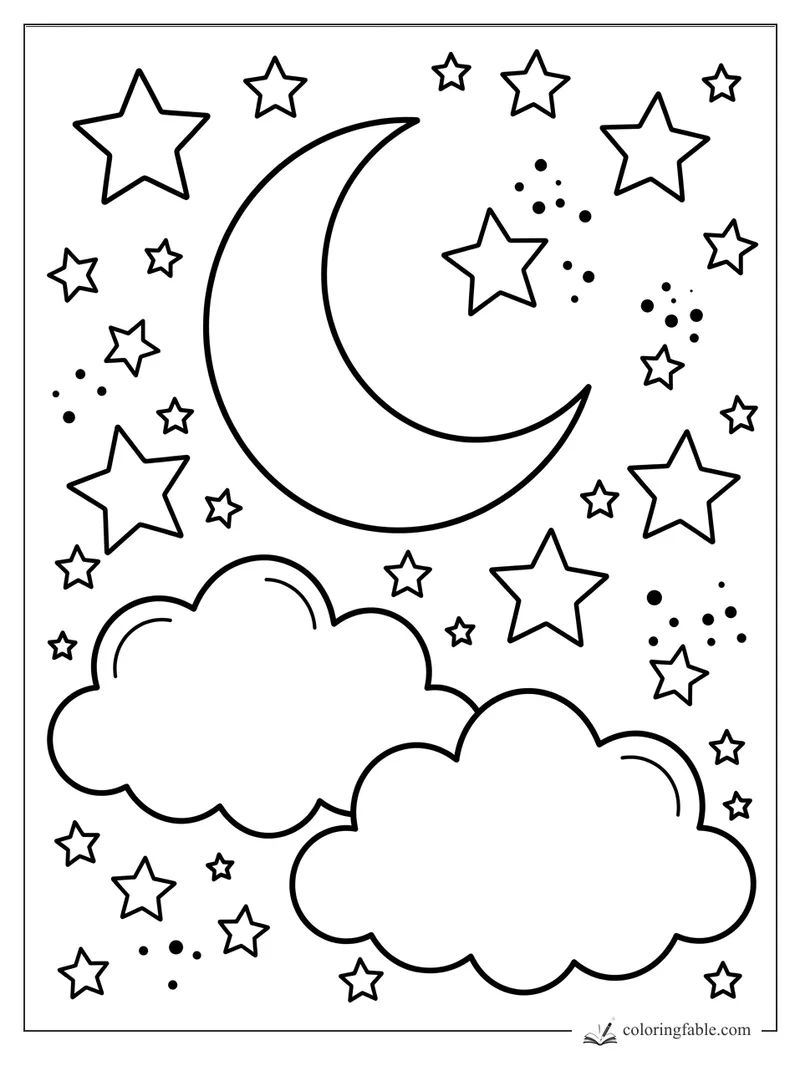 Crescent moon above two fluffy clouds, surrounded by many outlined stars and dot clusters.