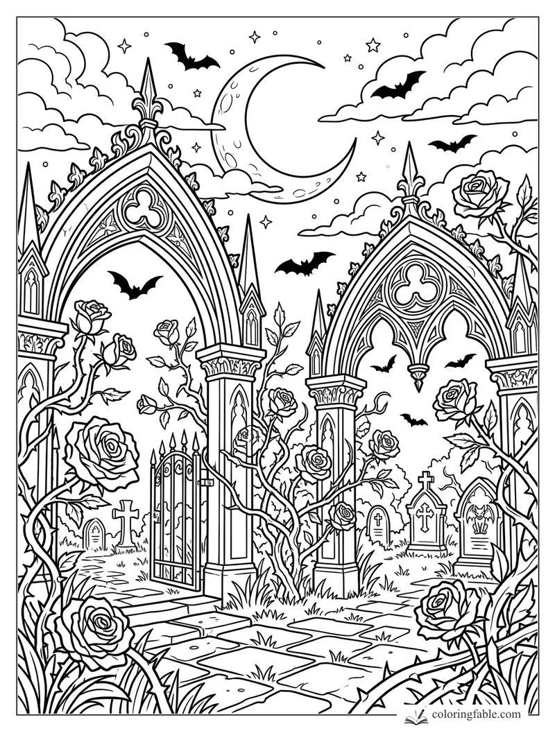 Intricate gothic cemetery coloring page with arches, roses, bats, gravestones, and crescent moon