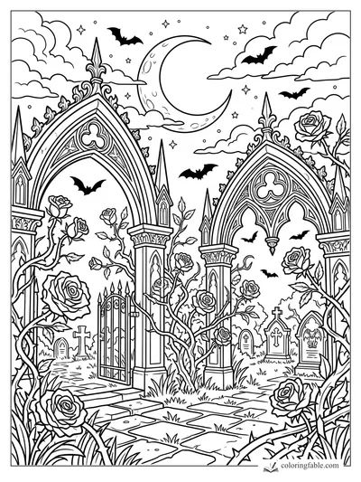 Intricate gothic cemetery coloring page with arches, roses, bats, gravestones, and crescent moon
