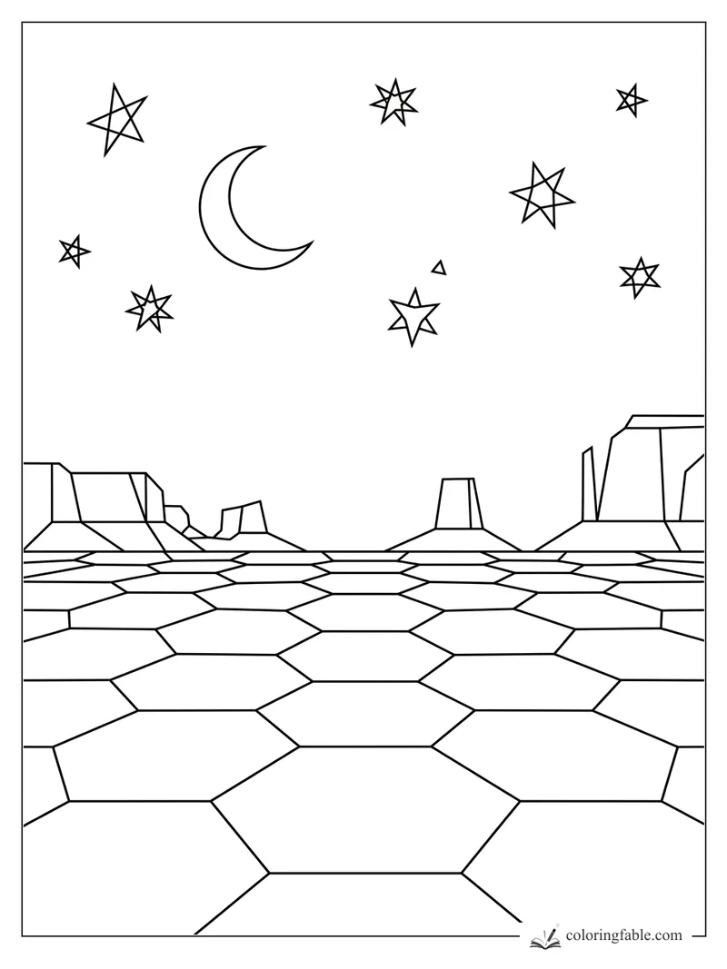 Geometric desert landscape with hexagon ground, mesas, crescent moon, and outlined stars