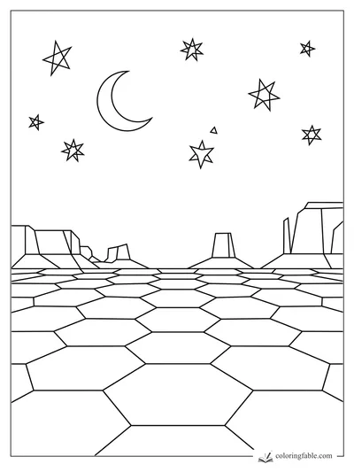 Geometric desert landscape with hexagon ground, mesas, crescent moon, and outlined stars