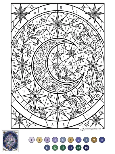 Crescent Moon Stained Glass with Stars and Vines — color by number