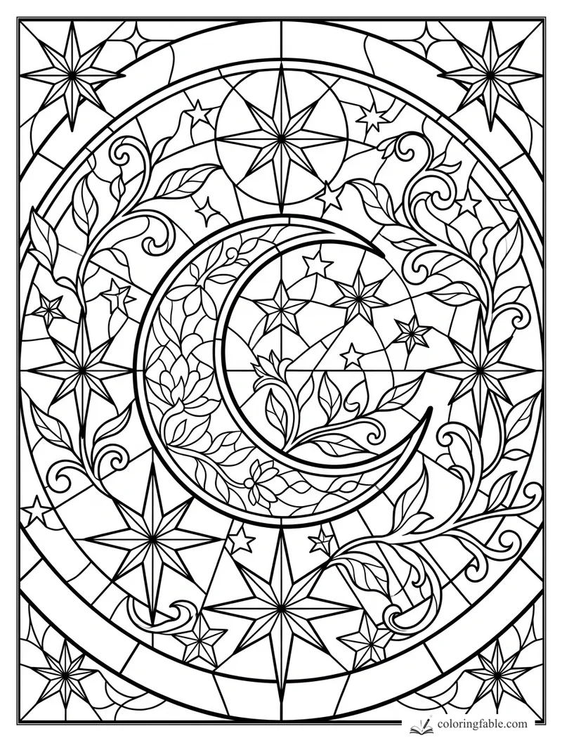 Intricate stained glass coloring page with crescent moon, pointed stars, curling vines, leaves, and arched borders