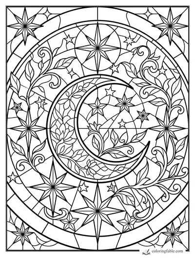 Intricate stained glass coloring page with crescent moon, pointed stars, curling vines, leaves, and arched borders