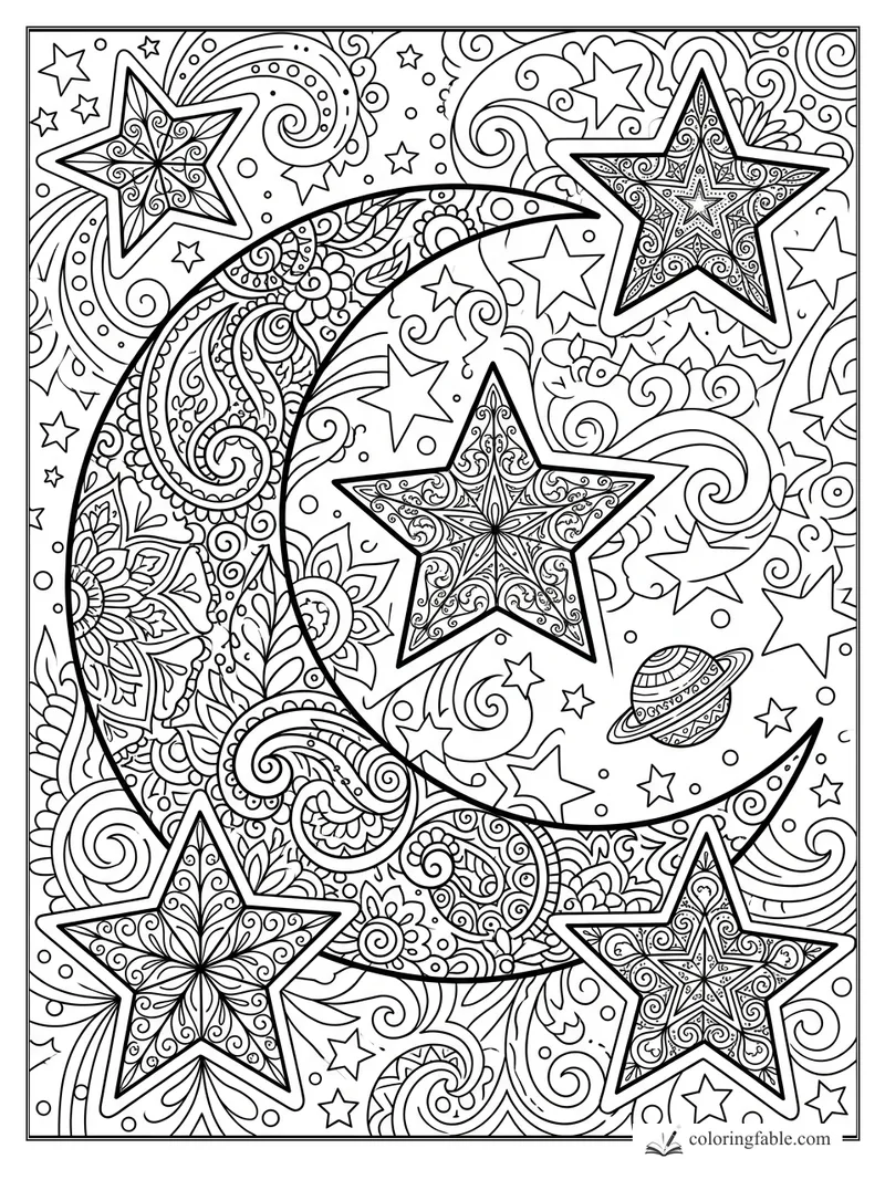 Intricate zentangle crescent moon, five patterned stars, swirls, small stars, and a tiny ringed planet.