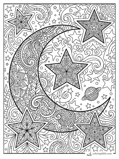 Intricate zentangle crescent moon, five patterned stars, swirls, small stars, and a tiny ringed planet.
