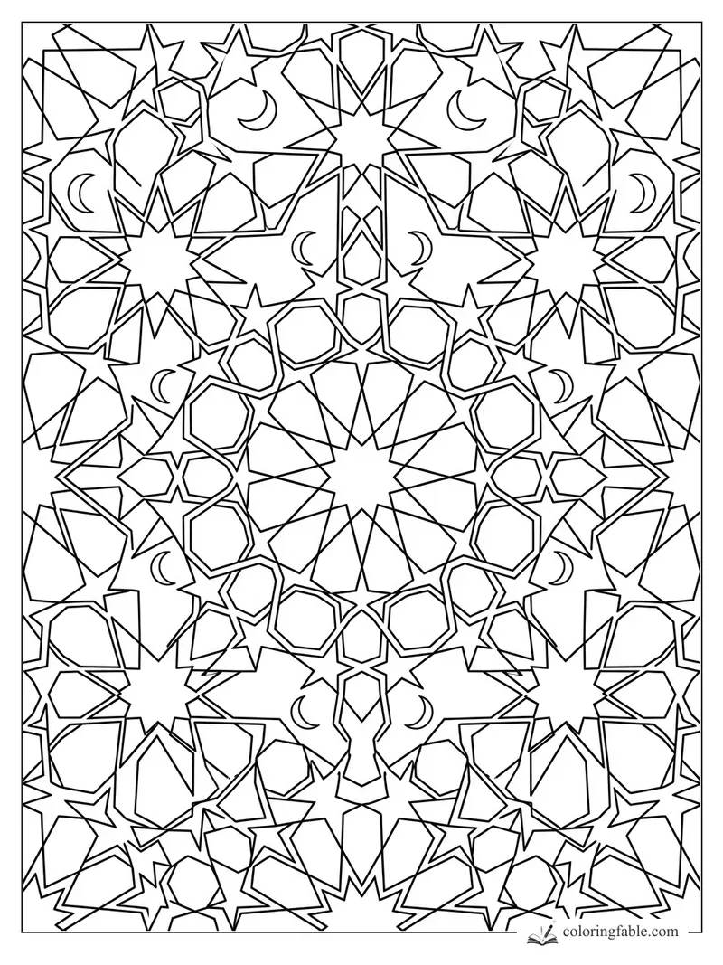 Intricate geometric coloring page with crescent moons, eight-point stars, hexagons, and mirrored angular tiles.