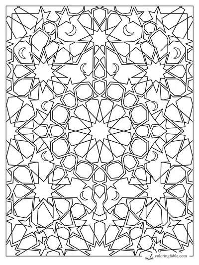 Intricate geometric coloring page with crescent moons, eight-point stars, hexagons, and mirrored angular tiles.