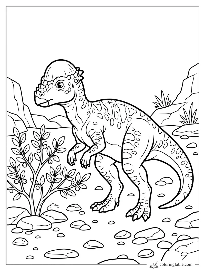 Crested young dinosaur with patterned spots standing by a leafy berry bush in a rocky canyon.