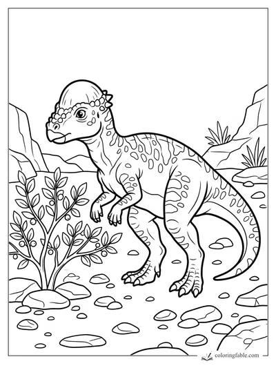 Crested young dinosaur with patterned spots standing by a leafy berry bush in a rocky canyon.