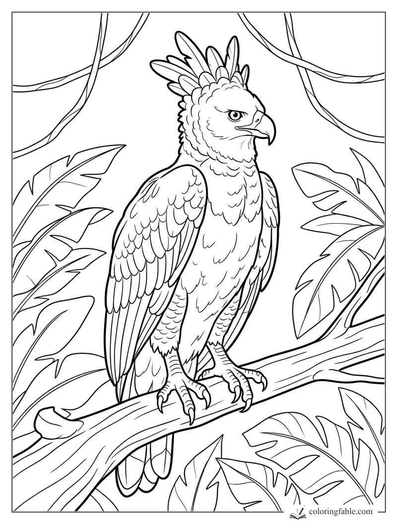Realistic crested eagle perched on a thick branch among large tropical leaves and hanging vines