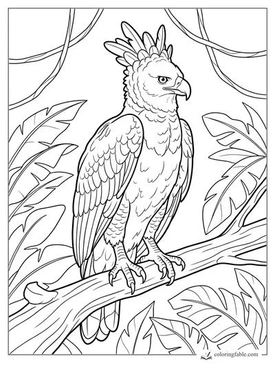 Realistic crested eagle perched on a thick branch among large tropical leaves and hanging vines