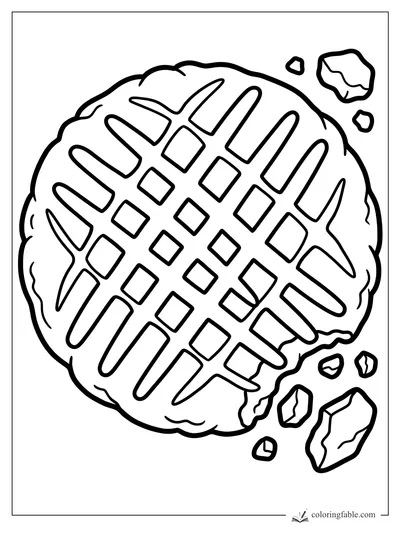Round crisscross cookie coloring page with a small broken bite and scattered crumbs