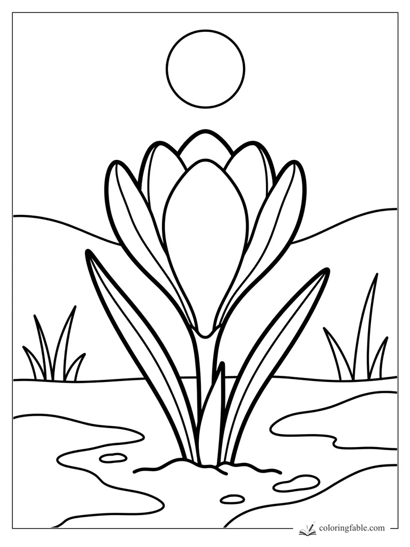 Bold crocus flower coloring page with tall leaves, puddles, grass tufts, hills, and a round sun