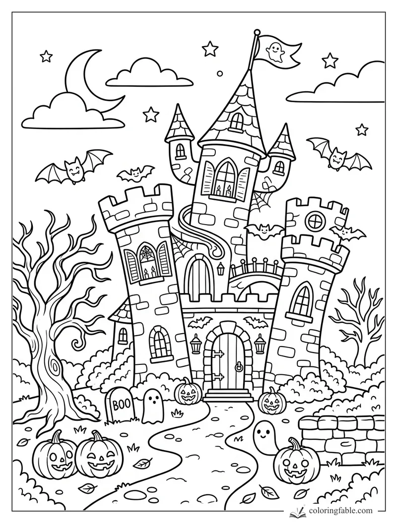 Cartoon haunted castle with crooked towers, bats, ghosts, pumpkins, moon, stars, and bare trees